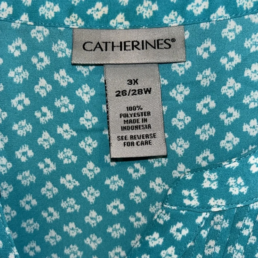 Catherines 3x 26/28W Turquoise and White Print Polyester Bell Sleeve Blouse